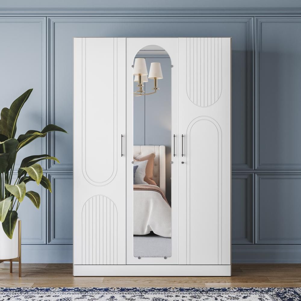 Wakefit Tyrian Plus 3 Door with 4 Shelves 2 Drawers 2 Hanging Areas 1 Mirror SH3-Carcass Frosty White Shutter White