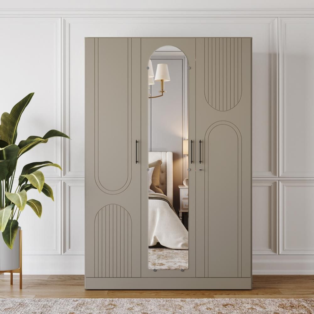 Wakefit Tyrian Plus 3 Door with 4 Shelves 2 Drawers 2 Hanging Areas 1 Mirror SH3-Carcass Pumic Grey Shutter Creamy Brown