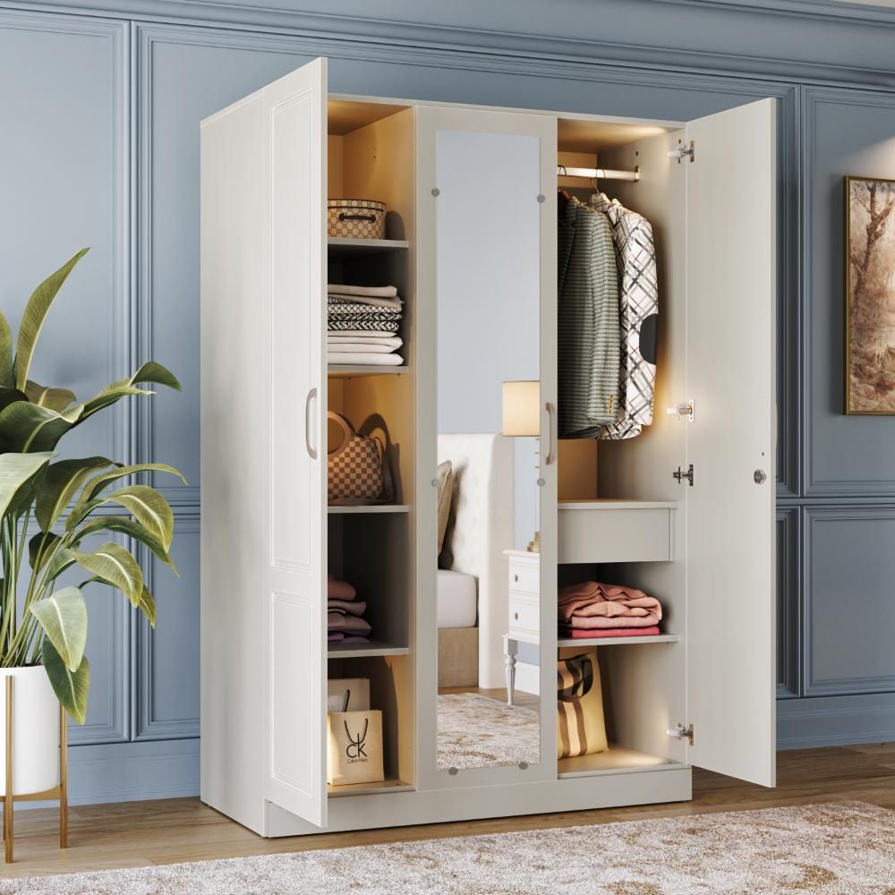 Wakefit Tyrian Plus 3 Door with 6 Shelves 1 Drawer 1 Hanging Area 1 Mirror SH1-Carcass Pumic Grey Shutter Light Grey