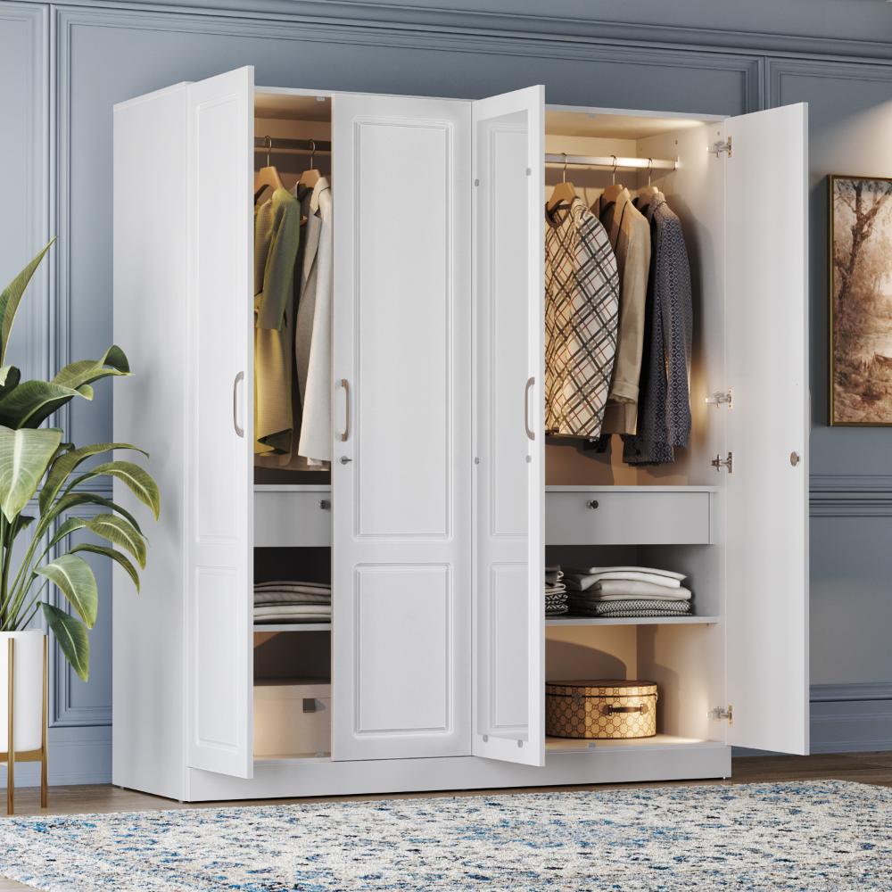 Wakefit Tyrian Plus 4 Door with 4 Shelves 2 Drawers 2 Hanging Areas 1 Mirror SH1-Carcass: Frosty White Shutter: White