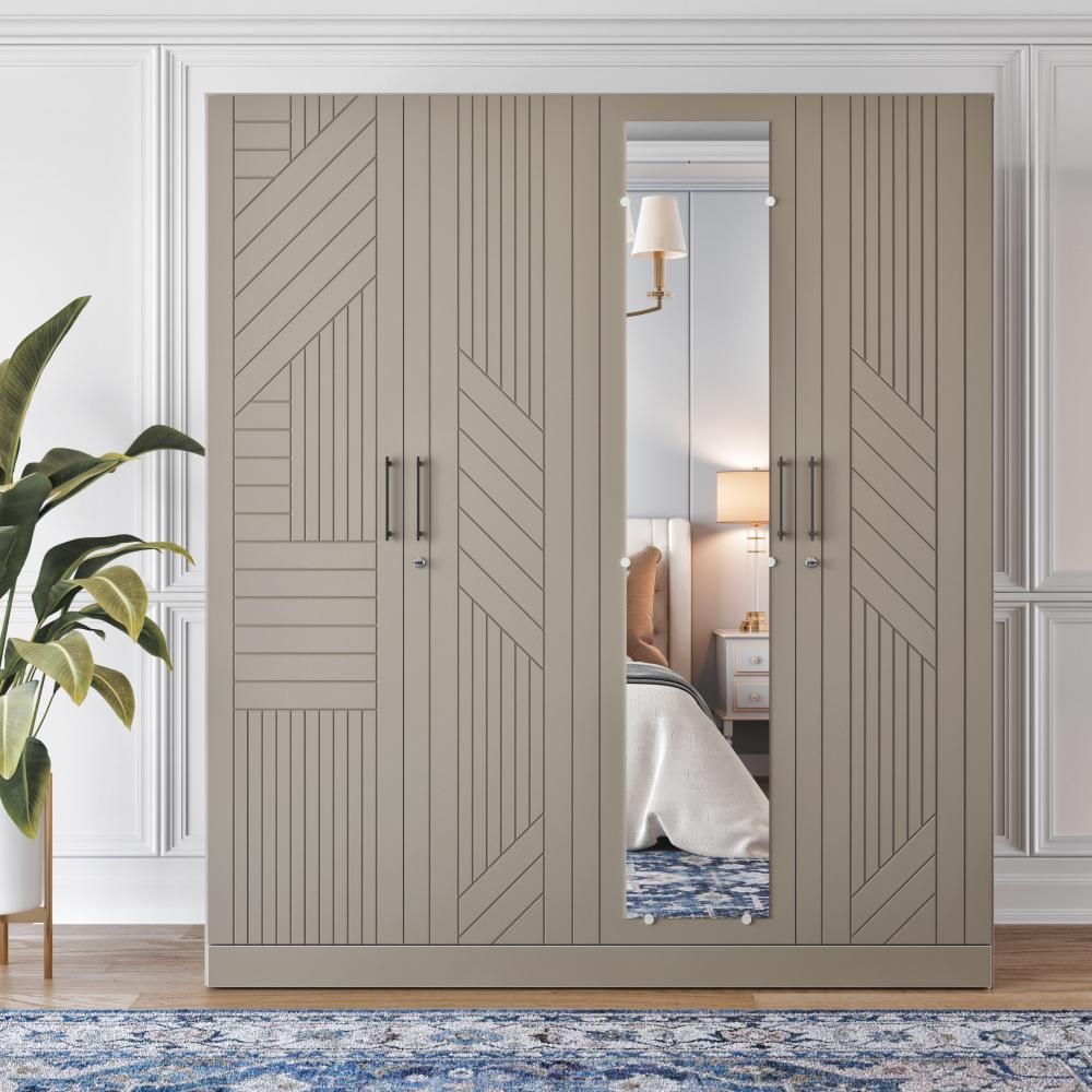 Wakefit Tyrian Plus 4 Door with 4 Shelves 2 Drawers 2 Hanging Areas 1 Mirror SH2-Carcass: Pumic Grey Shutter: Creamy Brown