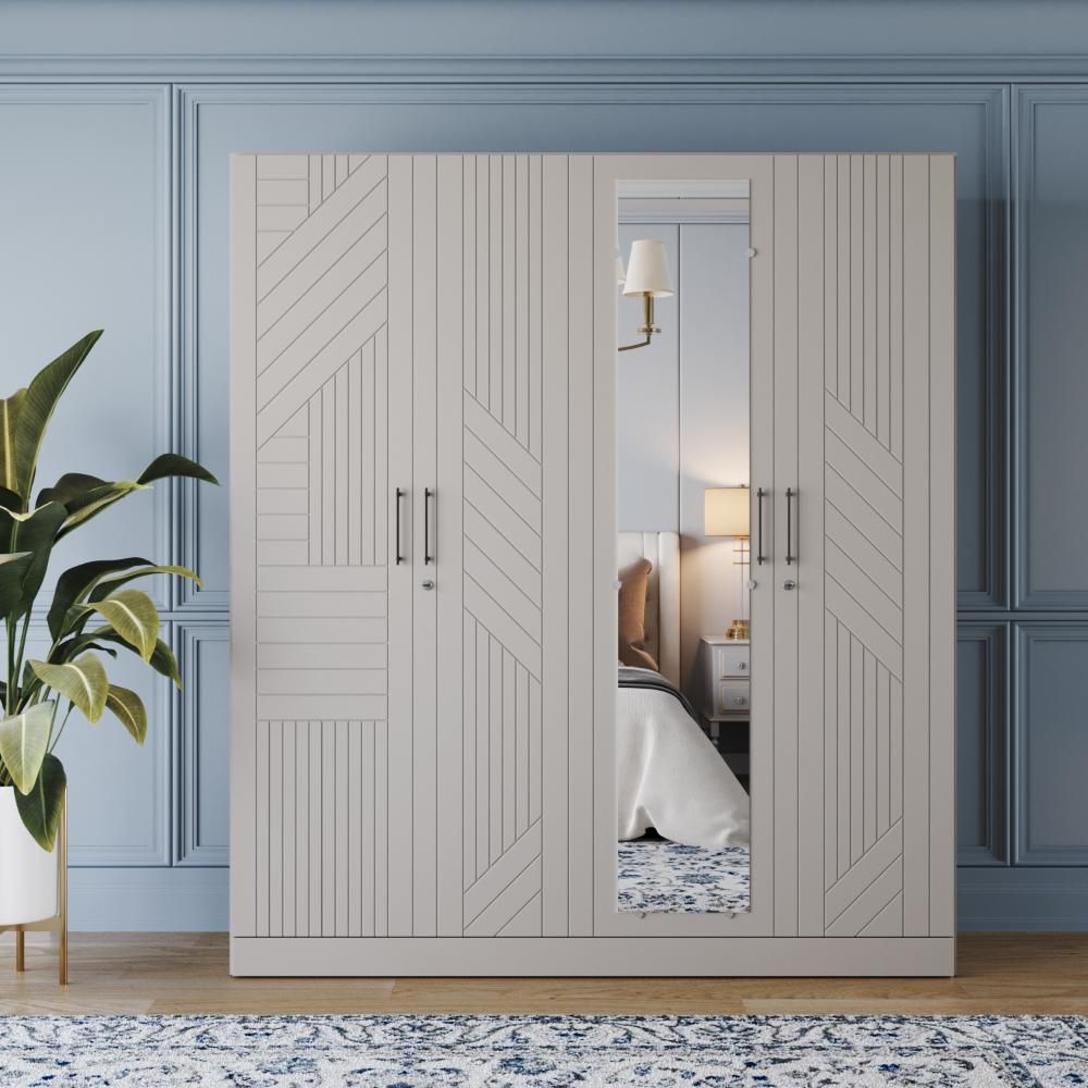 Wakefit Tyrian Plus 4 Door with 4 Shelves 2 Drawers 2 Hanging Areas 1 Mirror SH2-Carcass: Pumic Grey Shutter: Light Grey