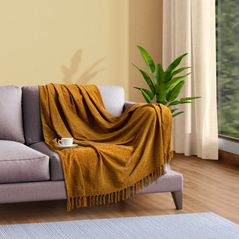 Wakefit Chenille Throw for Sofa & Chair with Tassles| Soft & Lightweight | Machine Washable | Sunburst Yellow 50 x 60 inches
