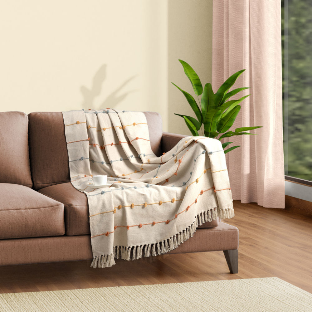 Wakefit 100% Cotton Decorative Throw for Sofa & Chair with Tassels | Soft & Lightweight | Machine Washable | Spectrum Beige Multicolor 50x 60 inches