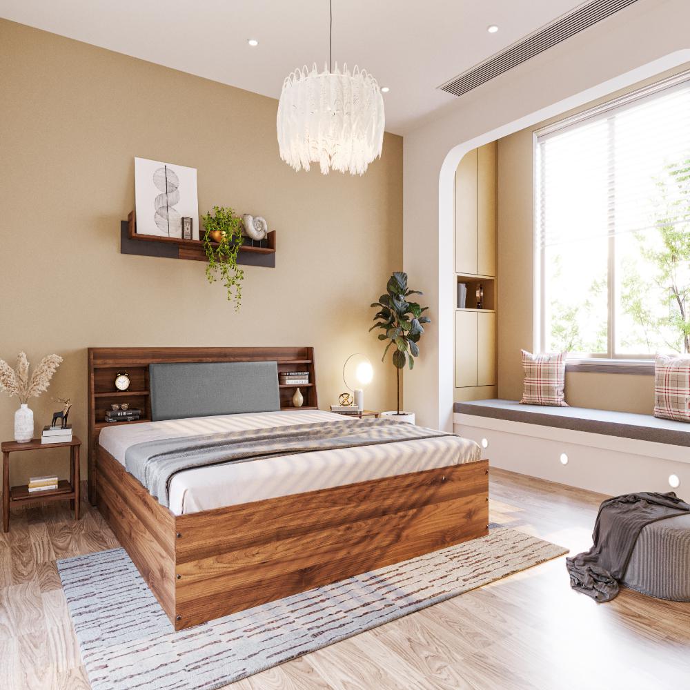 Wakefit Leo King Storage Engineered Wood Bed With Omega Grey Upholstered Headboard