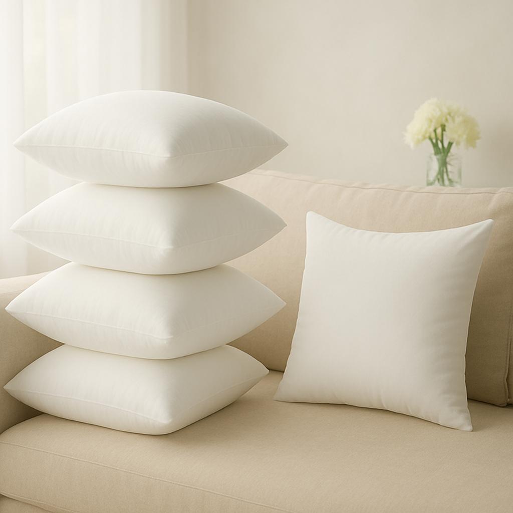 Cushion | Pack of 5 | 20x20 Inch | Hollow Fiber Filling | Use With or Without Cover | For Sofa & Bed | Gentle Machine Wash | White