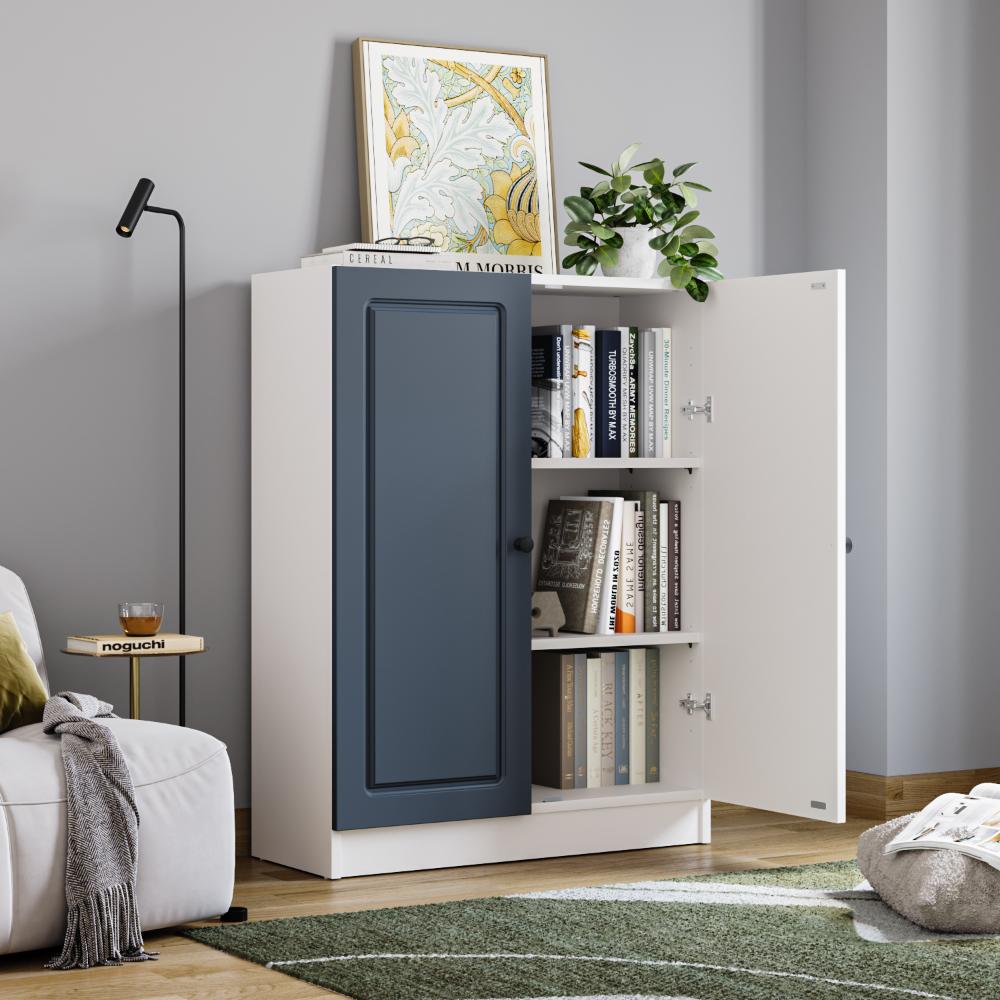 Wakefit Huxley 3-Big Shelves Bookshelf - Wood Shutter - White carcass + Blue shutters