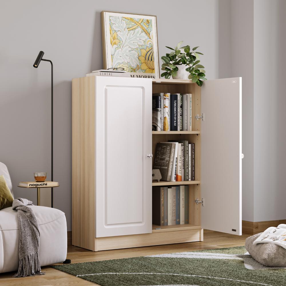 Wakefit Huxley 3-Big Shelves Bookshelf - Wood Shutter - Moldau Acacai Carcass + White Shutters