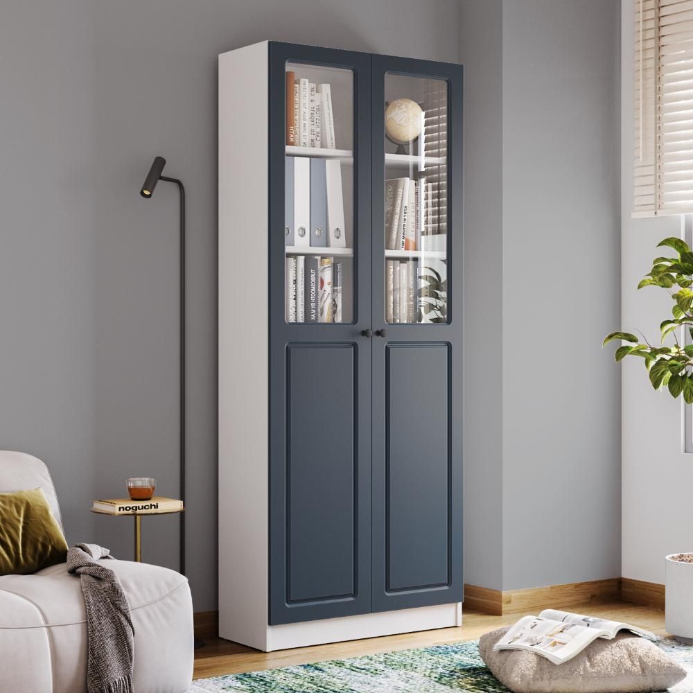 Huxley 6 Big Shelves Bookshelf - Glass + Wood Shutter - White carcass + Blue shutters
