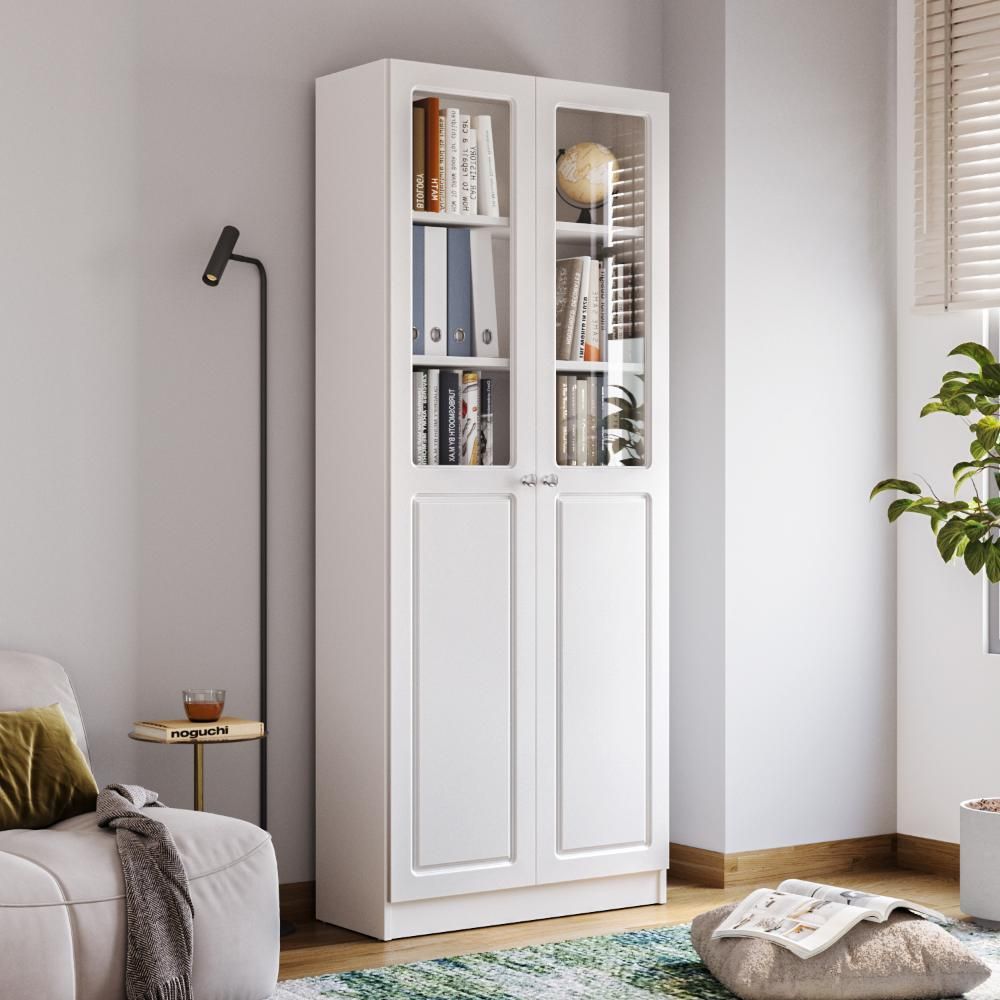 Huxley 6 Big Shelves Bookshelf - Glass + Wood Shutter - White carcass + White Shutters