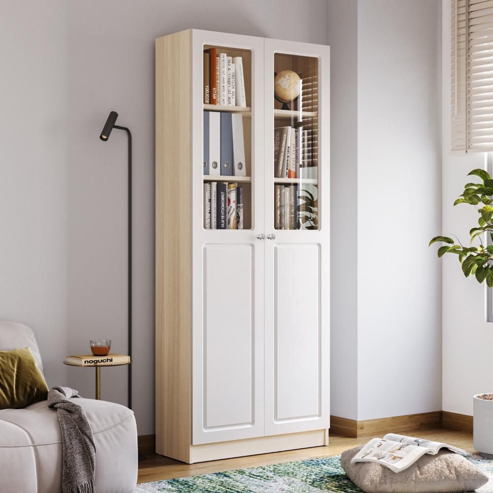 Huxley 6 Big Shelves Bookshelf - Glass + Wood Shutter - Moldau Acacai Carcass + White Shutters