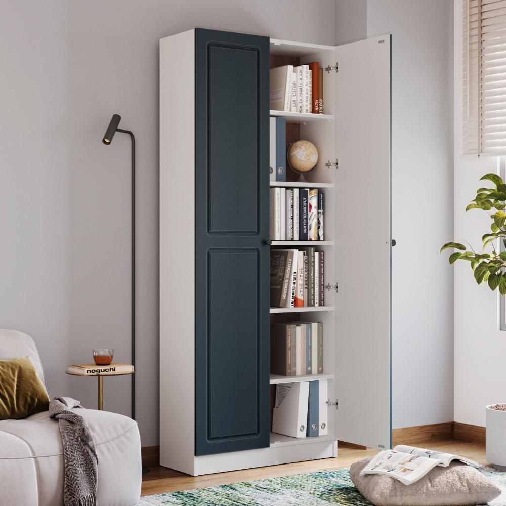 Huxley 6 Big Shelves Bookshelf - Wood Shutter + Wood Shutter - White carcass + Blue shutters