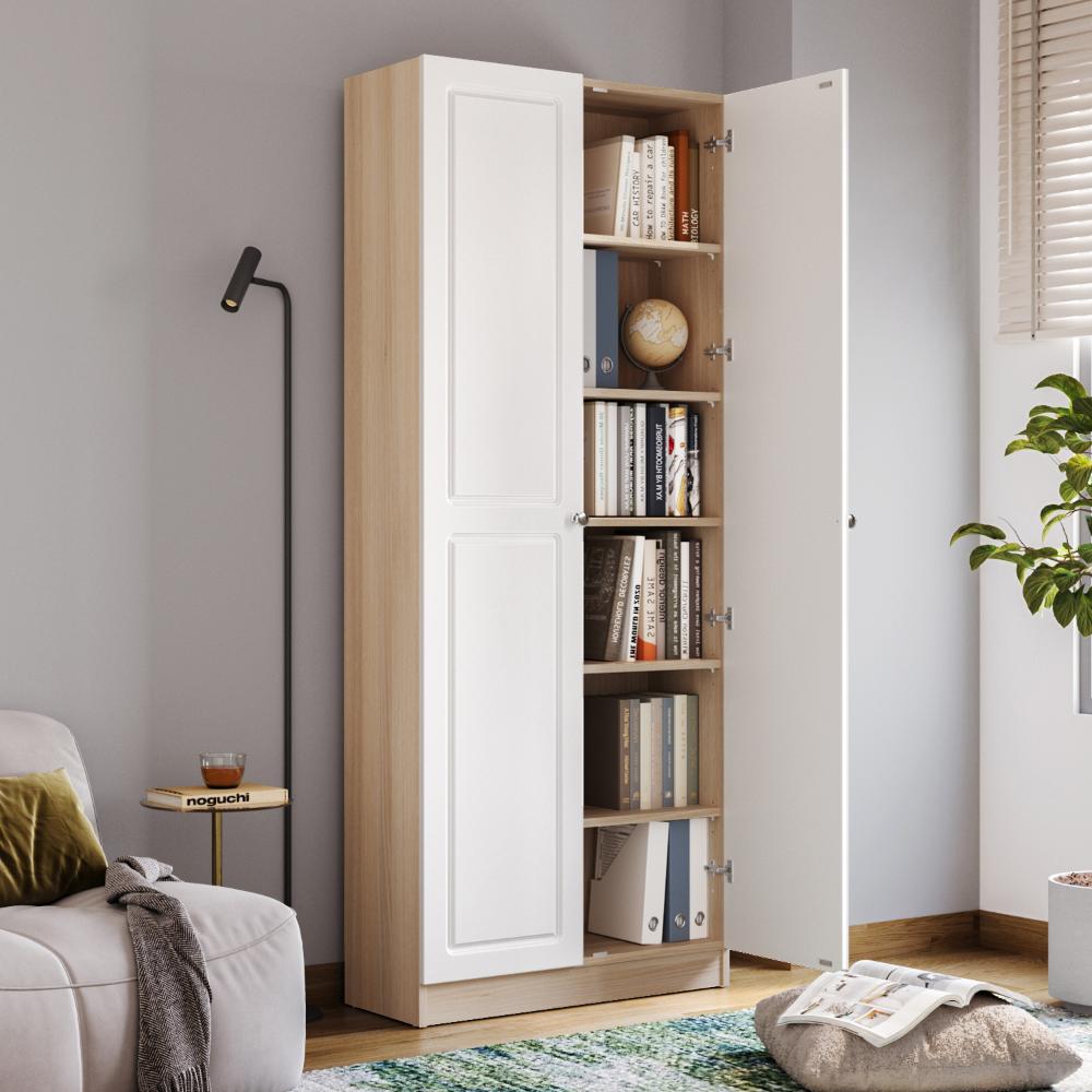 Huxley 6 Big Shelves Bookshelf - Wood Shutter + Wood Shutter- Moldau Acacai Carcass + White Shutters