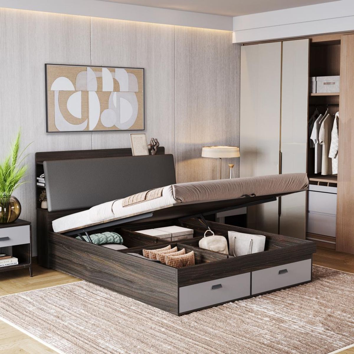 Wakefit Atlas Queen Storage Engineered Wood Bed With Hydraulic Mechanism With Thunder Cloud Upholstered Headboard