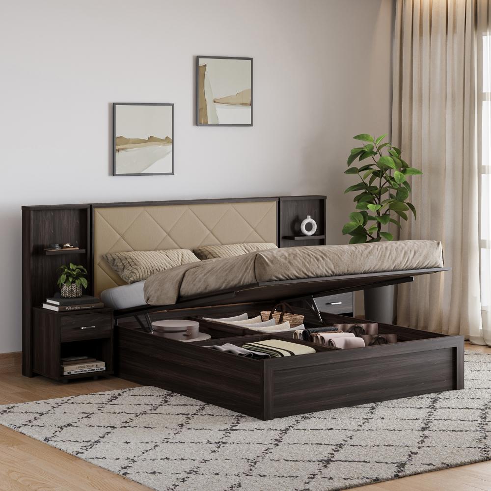 Wakefit Noctis Queen Storage Engineered Wood Bed With Beige Fabric Upholstered Headboard-with Hydraulic mechanism