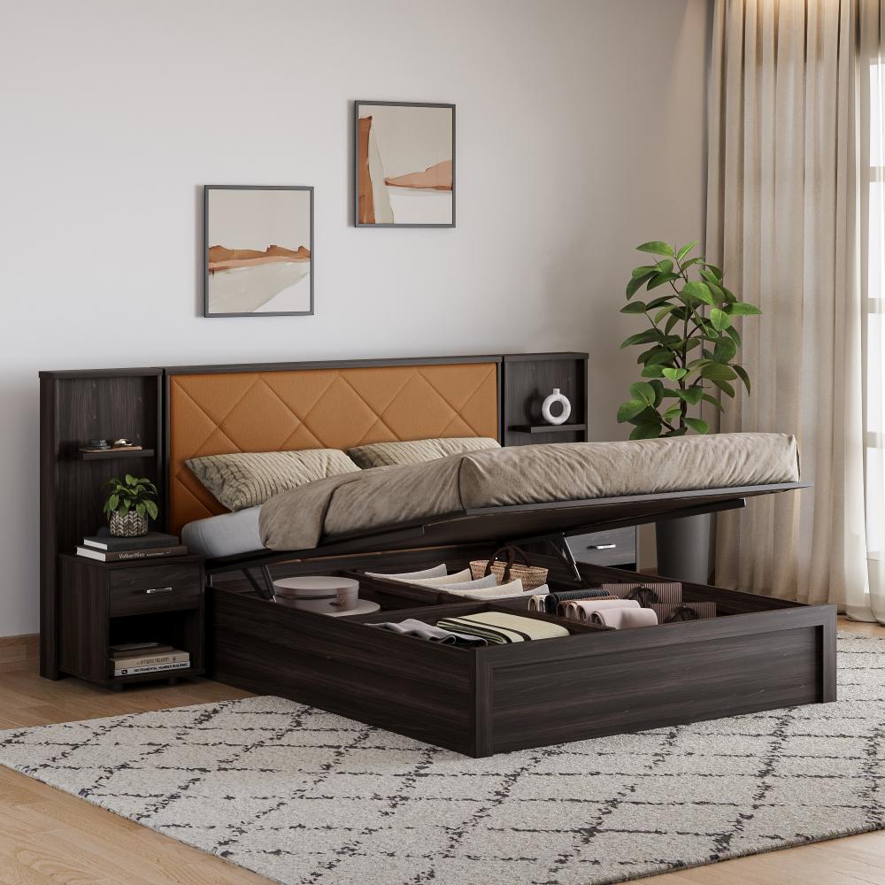 Wakefit Noctis Queen Storage Engineered Wood Bed With Camel Fabric Upholstered Headboard-with Hydraulic mechanism