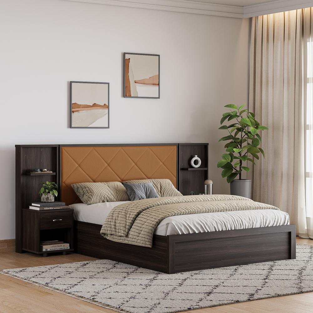 Wakefit Noctis Queen Storage Engineered Wood Bed With Camel Fabric Upholstered Headboard