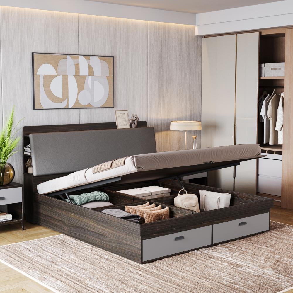 Wakefit Atlas King Storage Engineered Wood Bed With Hydraulic Mechanism With Thunder Cloud Upholstered Headboard