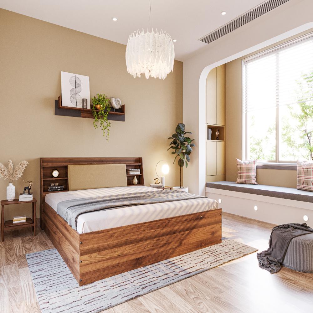 Wakefit Leo King Storage Engineered Wood Bed With Omega Pearl Upholstered Headboard