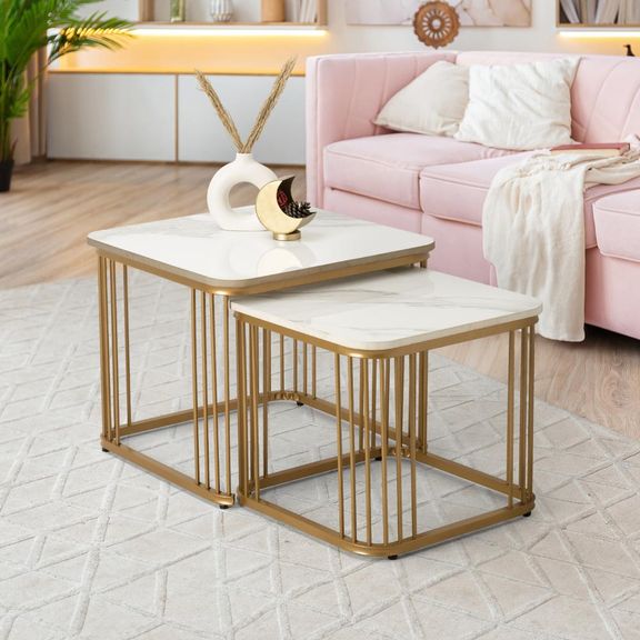 Flat Coffee Table - Marble Finished Top with Metal Base