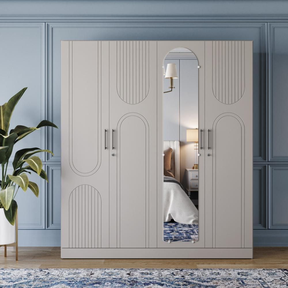 Wakefit Tyrian Plus 4 Door with 4 Shelves 2 Drawers 2 Hanging Areas+1 Mirror SH3-Carcass: Pumic Grey Shutter: Light Grey