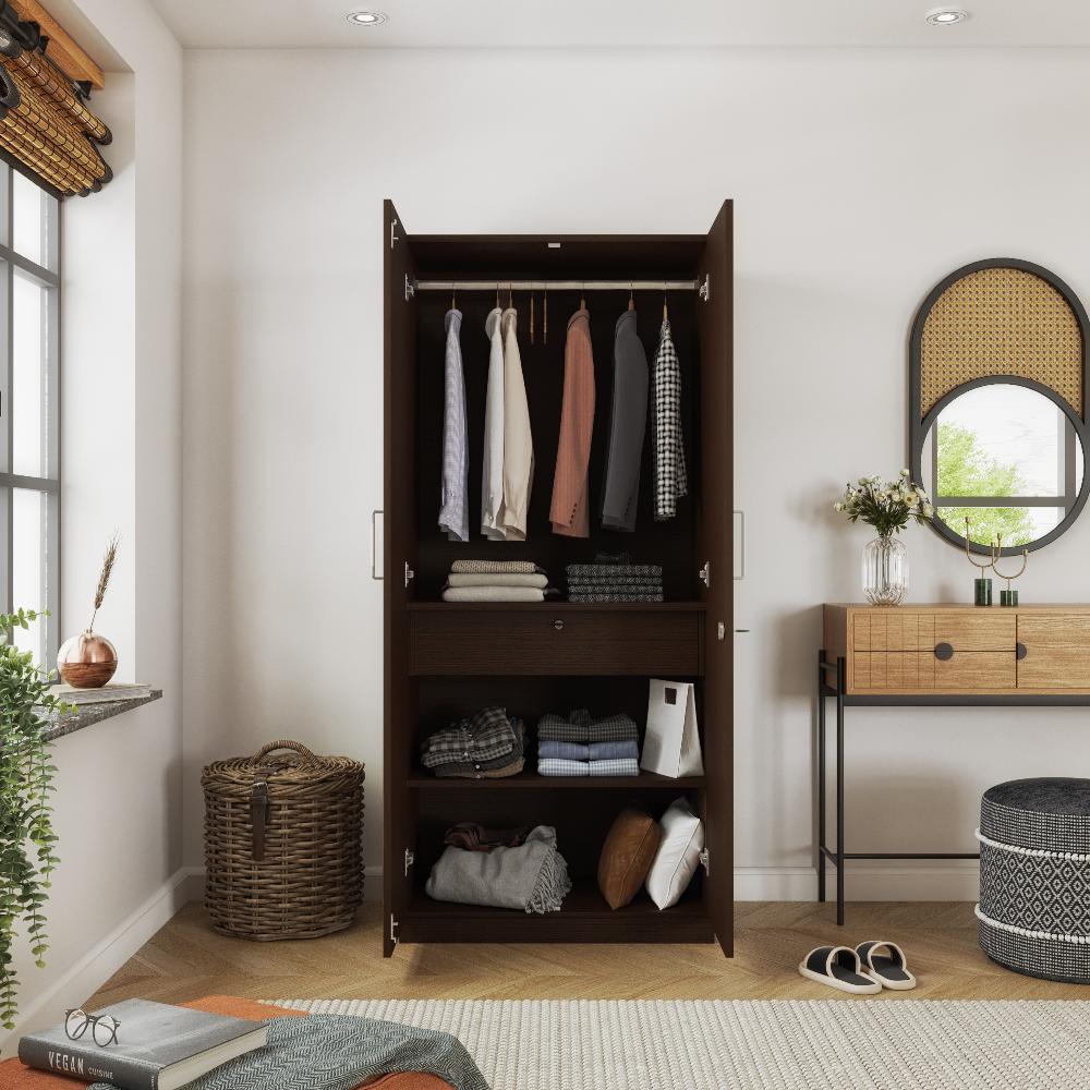 Gingham 2 Door Wardrobe with Drawer, Mirror and 1 Hanging Space | Without Loft | (Wenge)