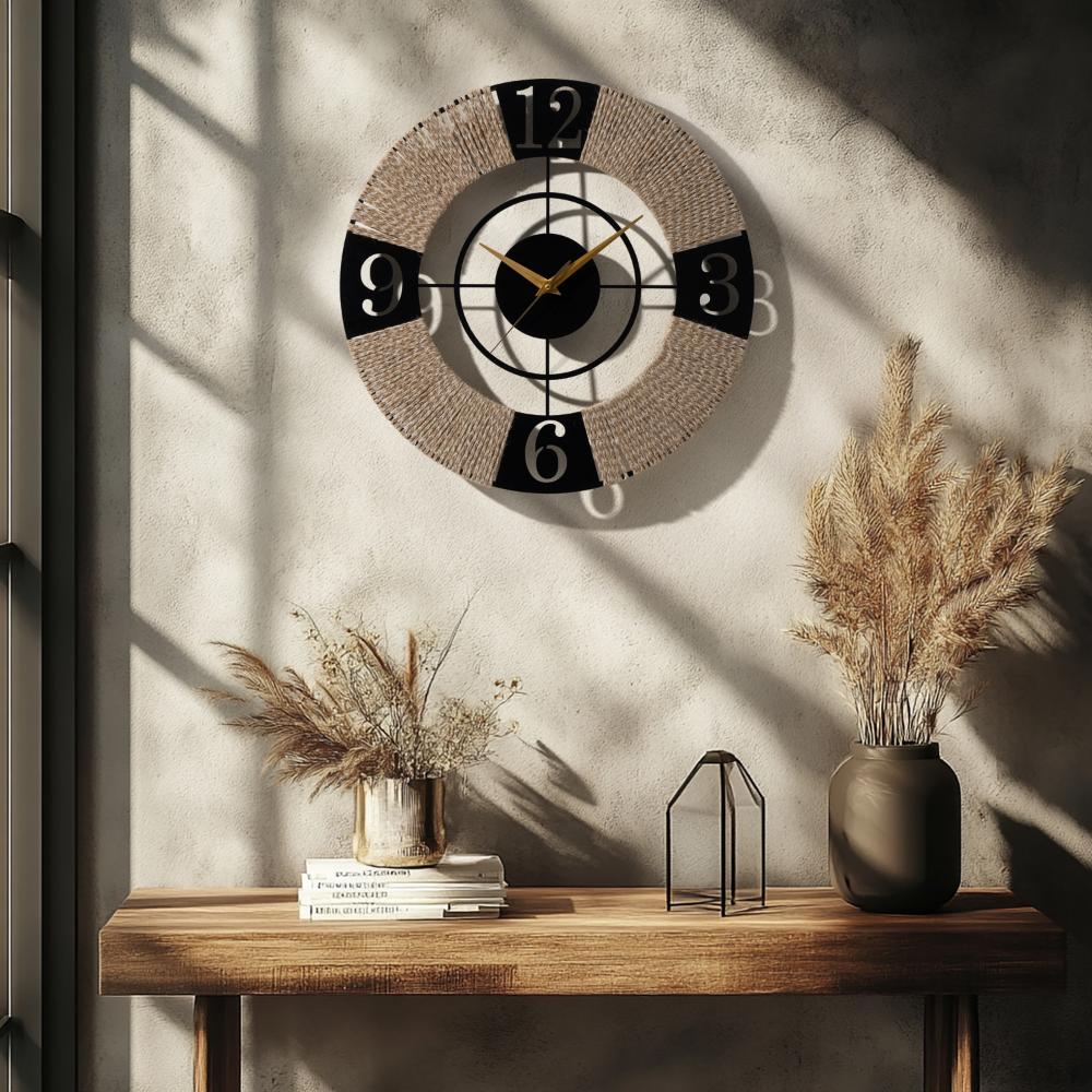 Metal Analog Jute Wall Clock Medium | 16 Inch | Laser Cut Abstract Home Decor & Gifting Option | For Living Room Study Bedroom & Office Decor | Aeon Metal Wall Clock D400