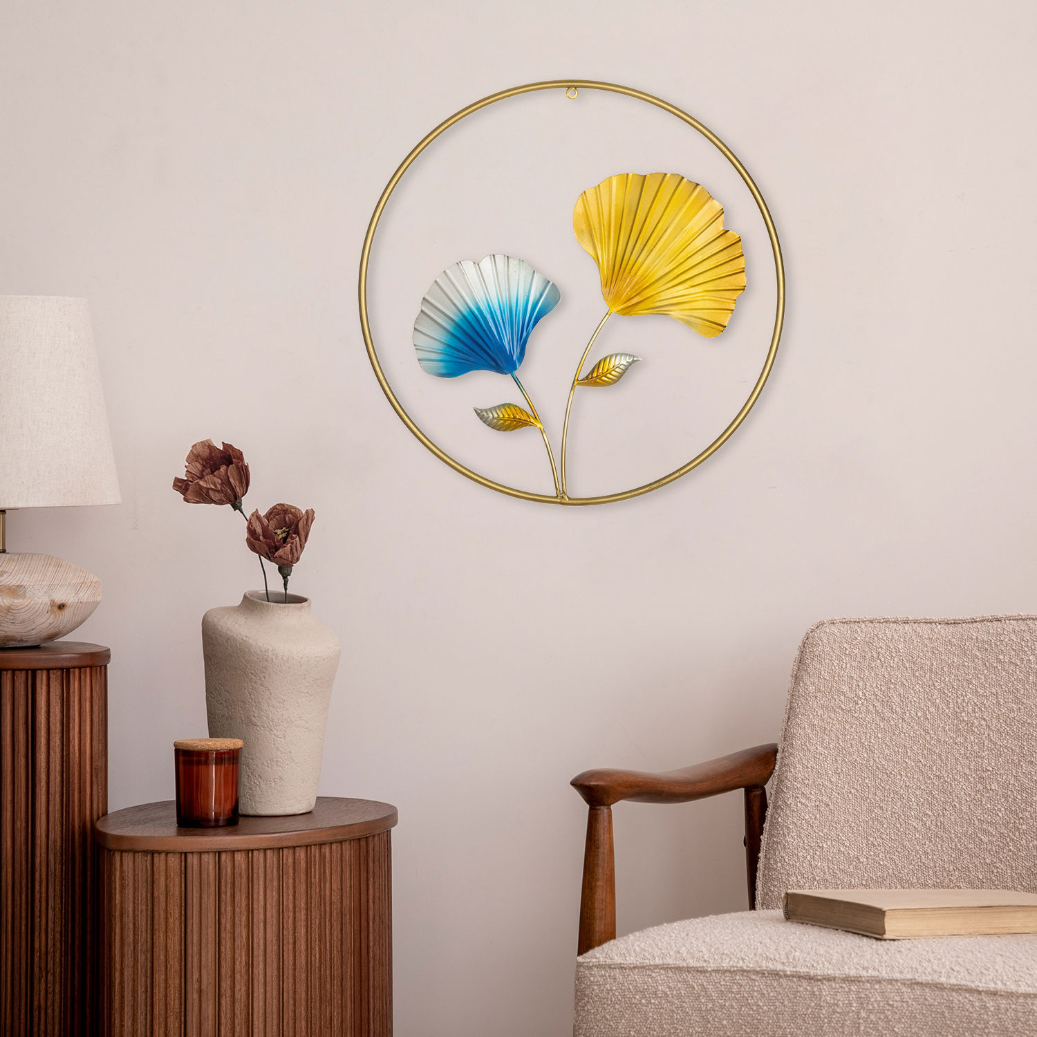 Metal Decorative Nature Wall Art Small for Living Room Study Bedroom Office | Blue & Gold | 18 inch | Gingko Paradise Wall Art
