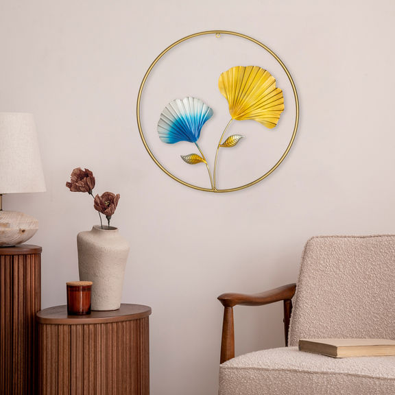 Metal Decorative Nature Wall Art Small for Living Room Study Bedroom Office | Blue & Gold | 18 inch | Gingko Paradise Wall Art