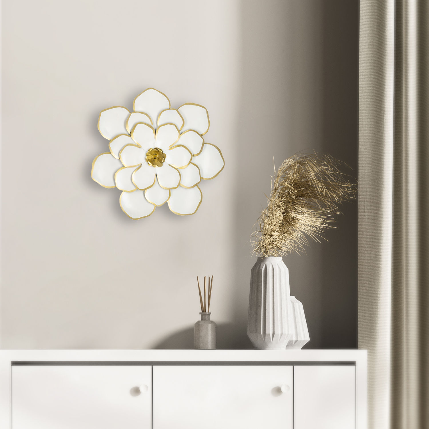 Metal Decorative Flower Wall Art Small for Living Room Study Bedroom Office | White | 14 inch | Rustic Bloom Wall Art