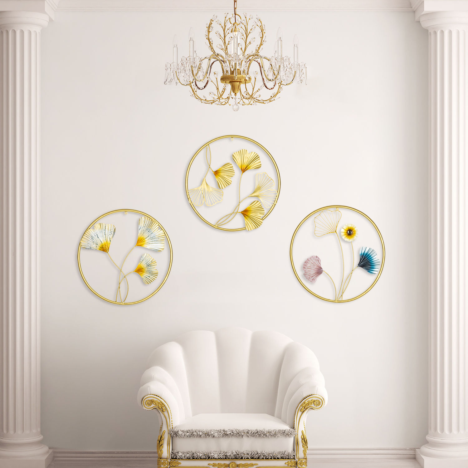 Metal Decorative Leaf Circle Framed Wall Art Small for Living Room Study Bedroom Office | White & Gold | Set of 3 | 18 inch | Whispering Wood Wall Art