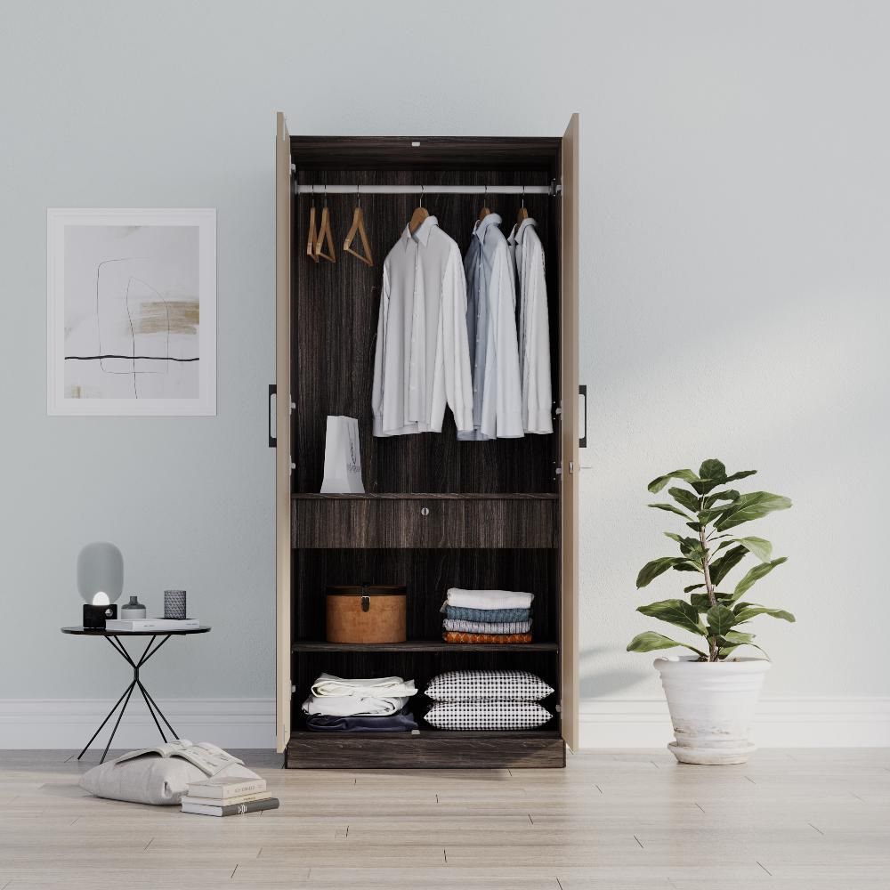 Cashmere Plus 2 Door Wardrobe with 2 Shelves, Drawer, Mirror & 1 Hanging Area | (Wyoming Maple & Frappe)