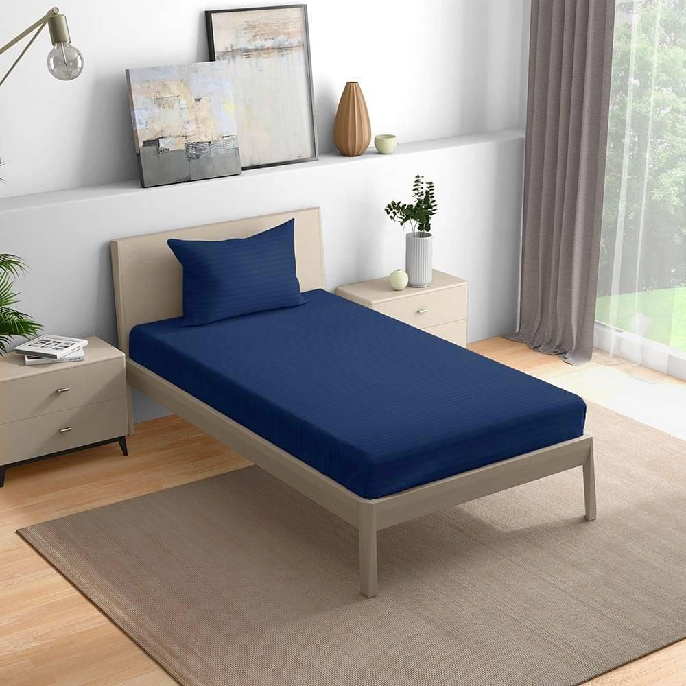 Wakefit 100% Cotton 215 TC Fitted Bedsheet With 1 Pillow Cover | Estate Blue