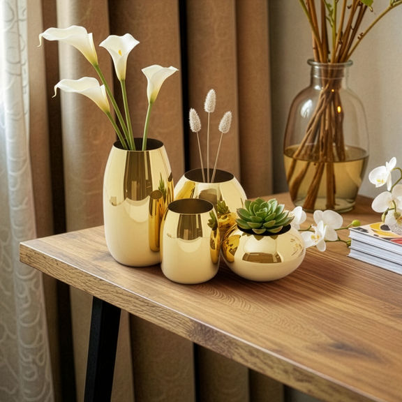 Metal Antique Flower Vase | Gold | Ideal for Home Decor, Living Room, Office & Gifting | Vase only, No flower | Set of 4 | Clovira Gold Vase