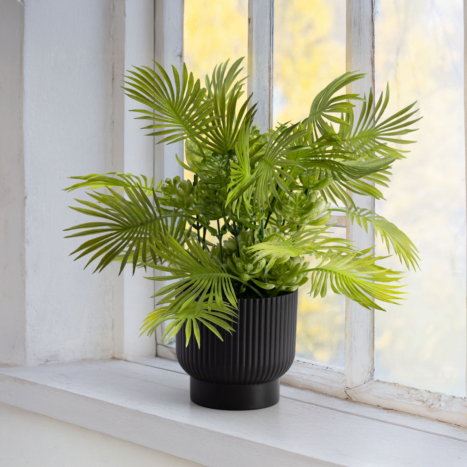 Table Top Artificial Plant with Plastic Pot | Indoor & Outdoor Decor Item | Ideal for Coffee Tables, Office Desks, Shelves & Patio | 9 Inch Plant | Mosselle Artificial Plant