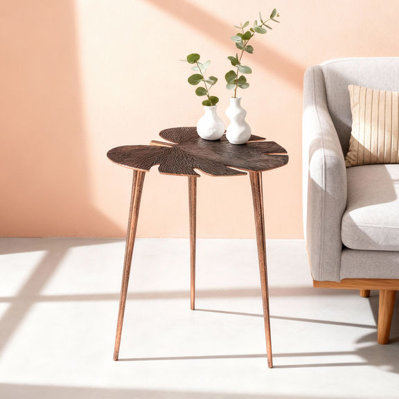 Pallas Leaf Design Metal Side Table | Copper Finish