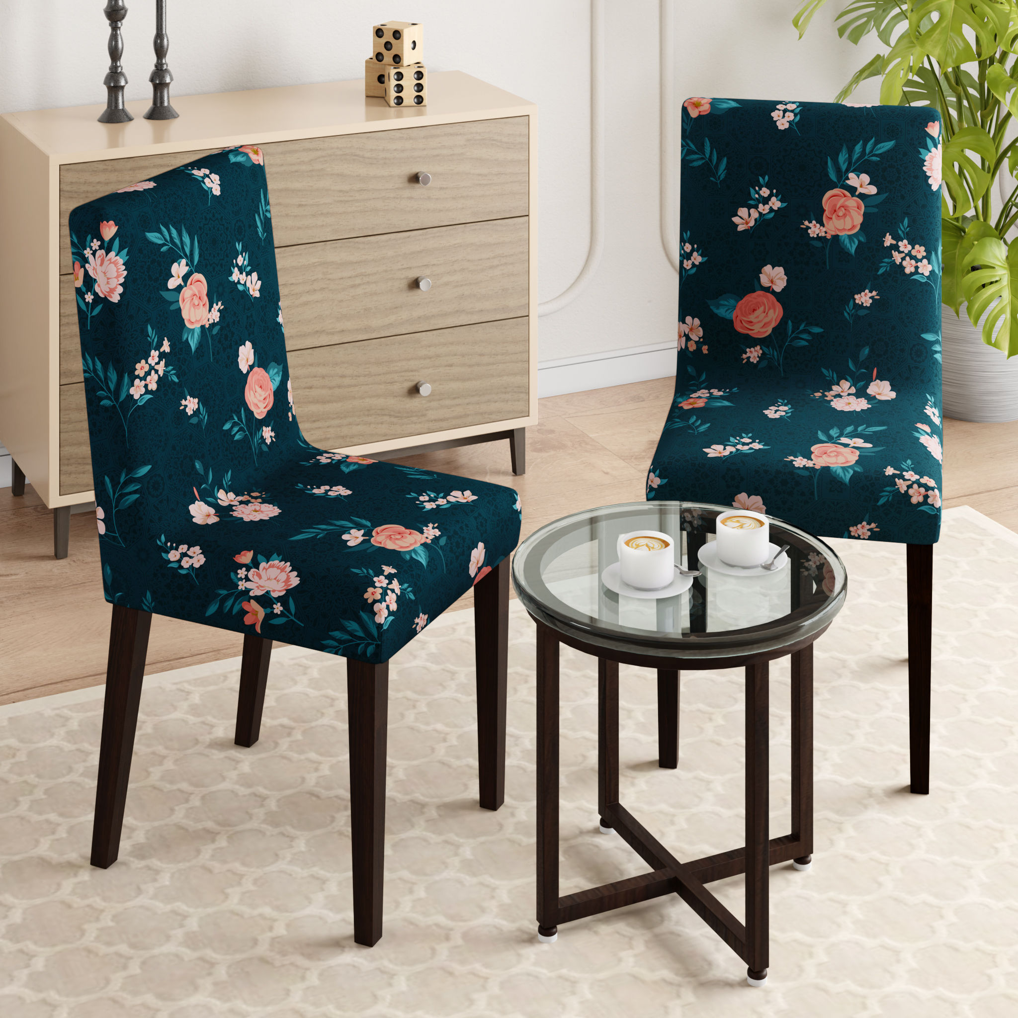 Printed Chair Cover | Elastic Stretchable Dining table Chair Cover 2 seater | Removable & Washable Slip Cover | Chair Seat Protector | Alana | Set of 2