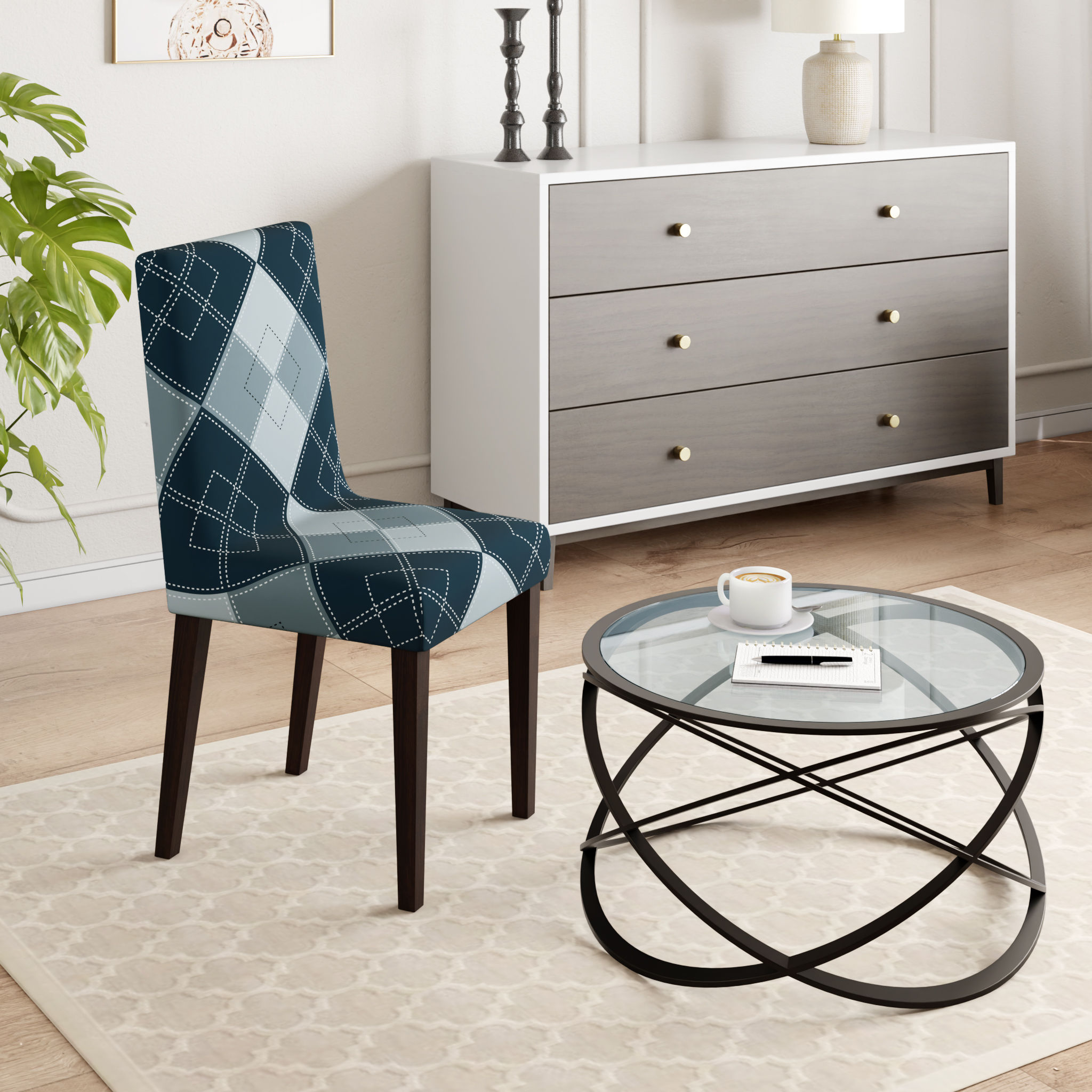 Printed Chair Cover | Elastic Stretchable Dining table Chair Cover 1 seater | Removable & Washable Slip Cover | Chair Seat Protector | Checko | Set of 1