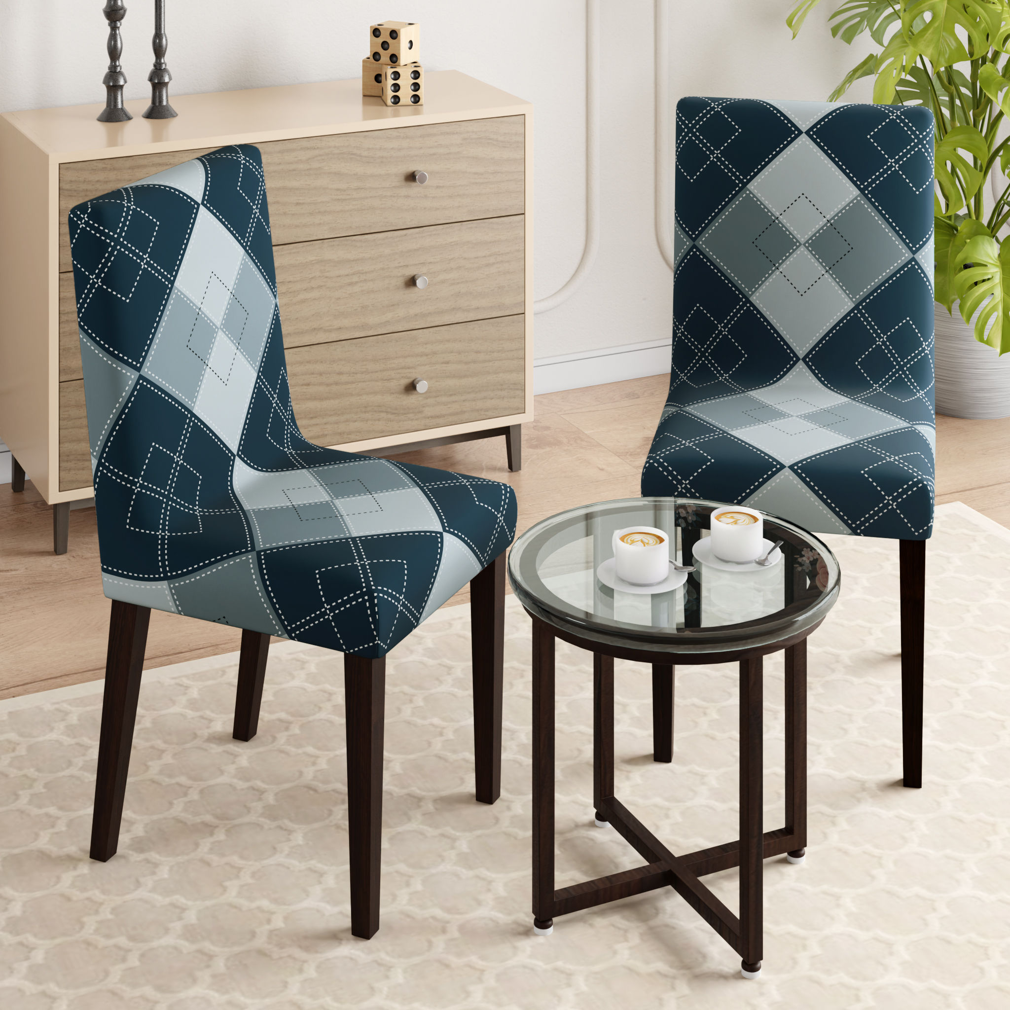 Printed Chair Cover | Elastic Stretchable Dining table Chair Cover 2 seater | Removable & Washable Slip Cover | Chair Seat Protector | Checko | Set of 2