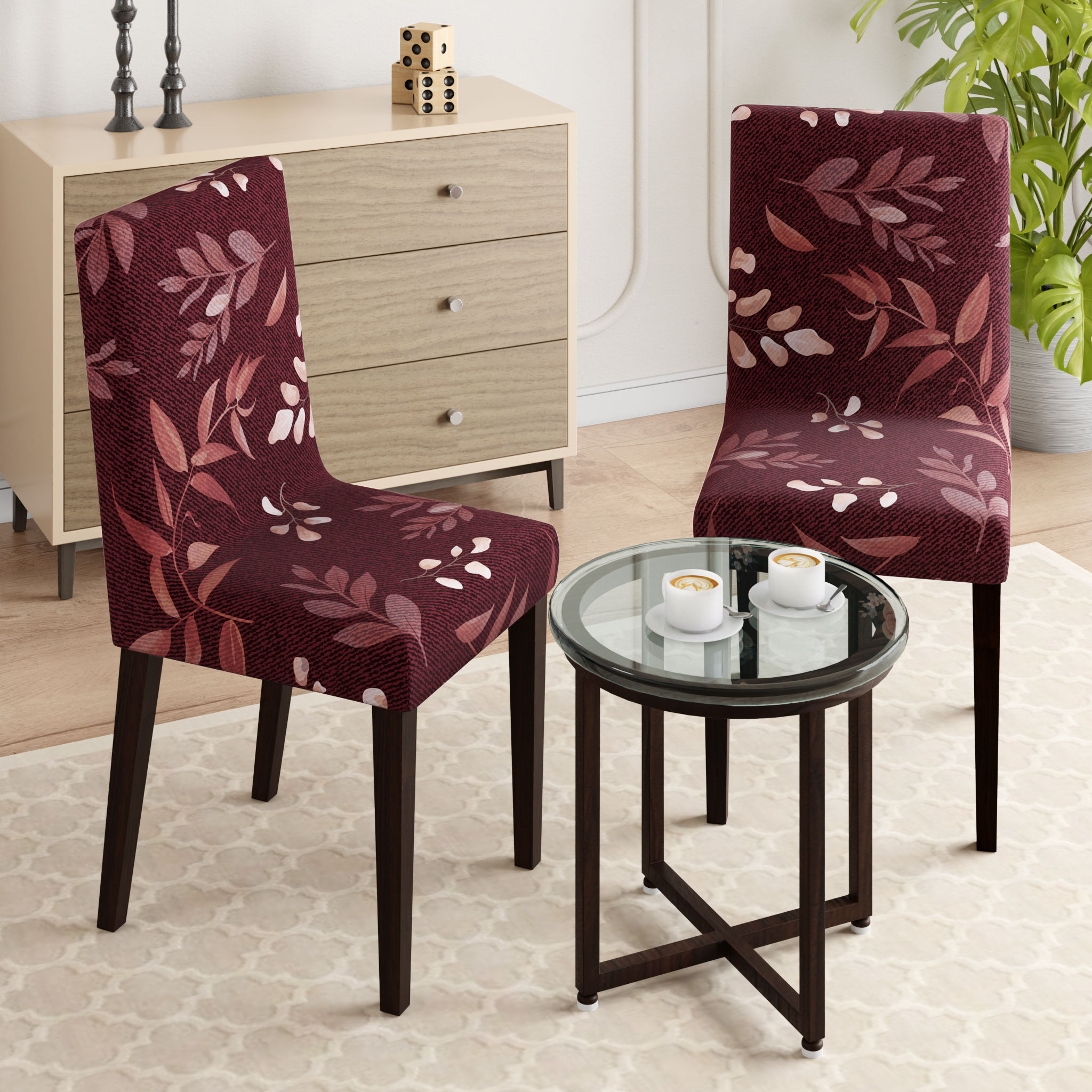 Printed Chair Cover | Elastic Stretchable Dining table Chair Cover 2 seater | Removable & Washable Slip Cover | Chair Seat Protector | Denim Flora | Set of 2