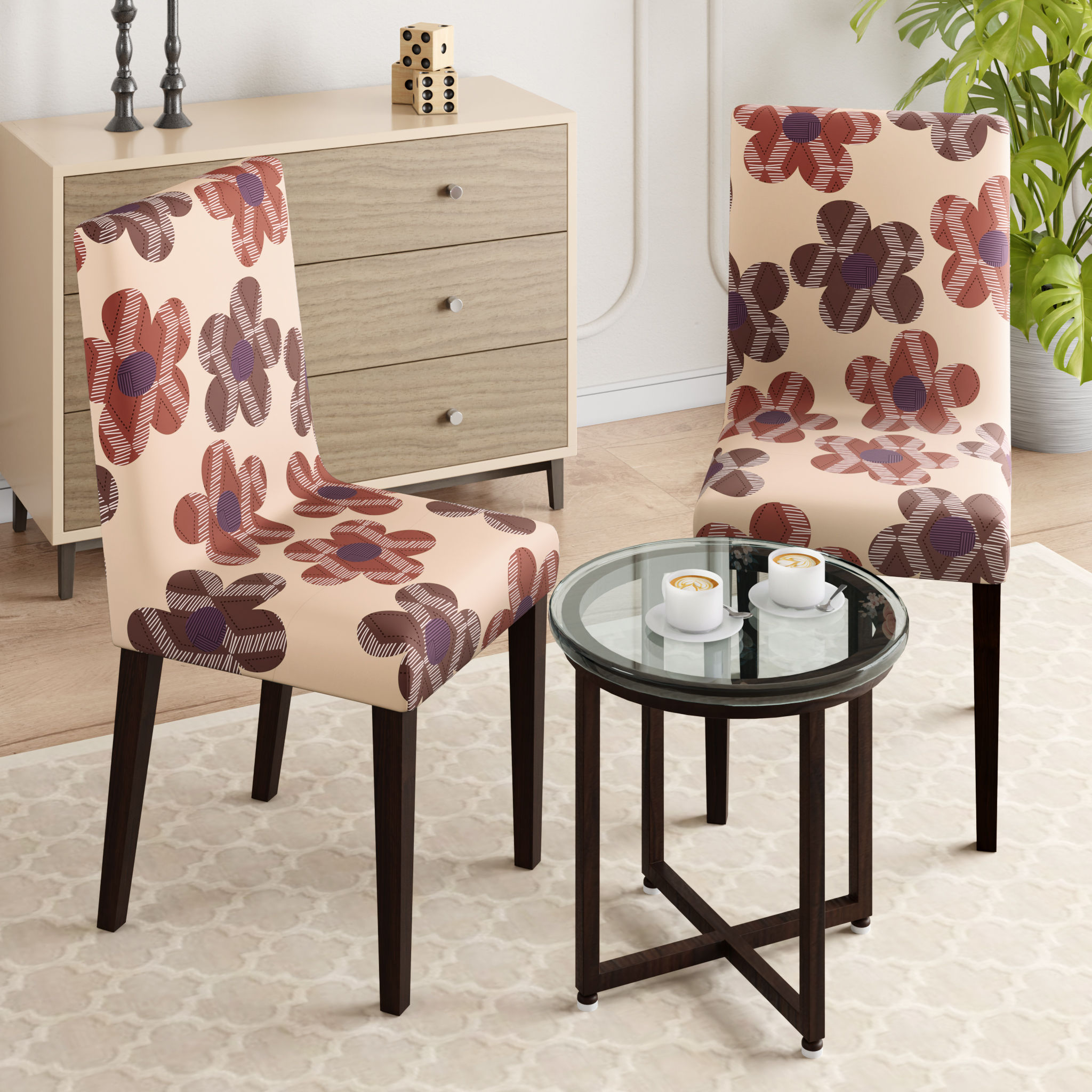 Printed Chair Cover | Elastic Stretchable Dining table Chair Cover 2 seater | Removable & Washable Slip Cover | Chair Seat Protector | Floro | Set of 2