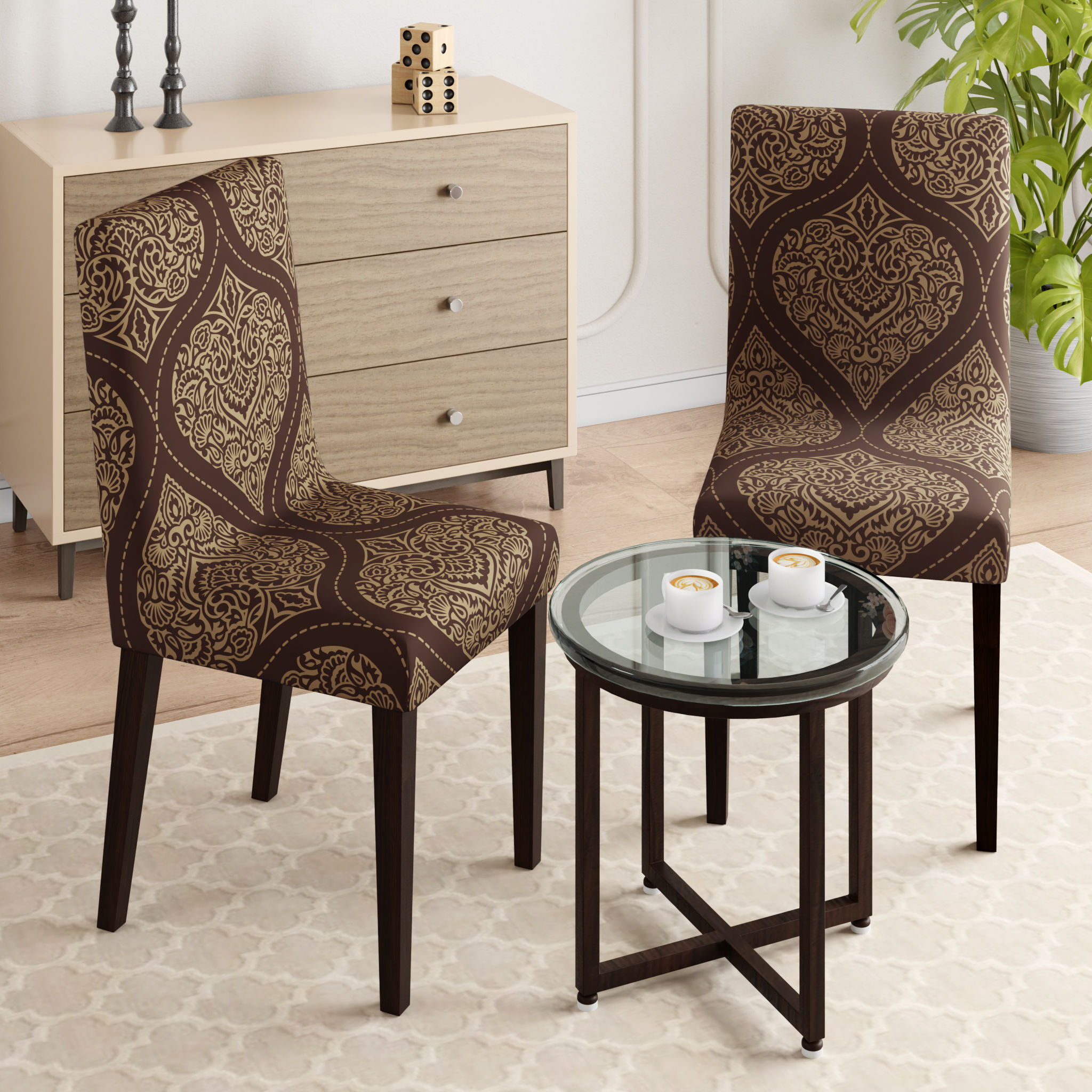 Printed Chair Cover | Elastic Stretchable Dining table Chair Cover 2 seater | Removable & Washable Slip Cover | Chair Seat Protector | Hibo | Set of 2