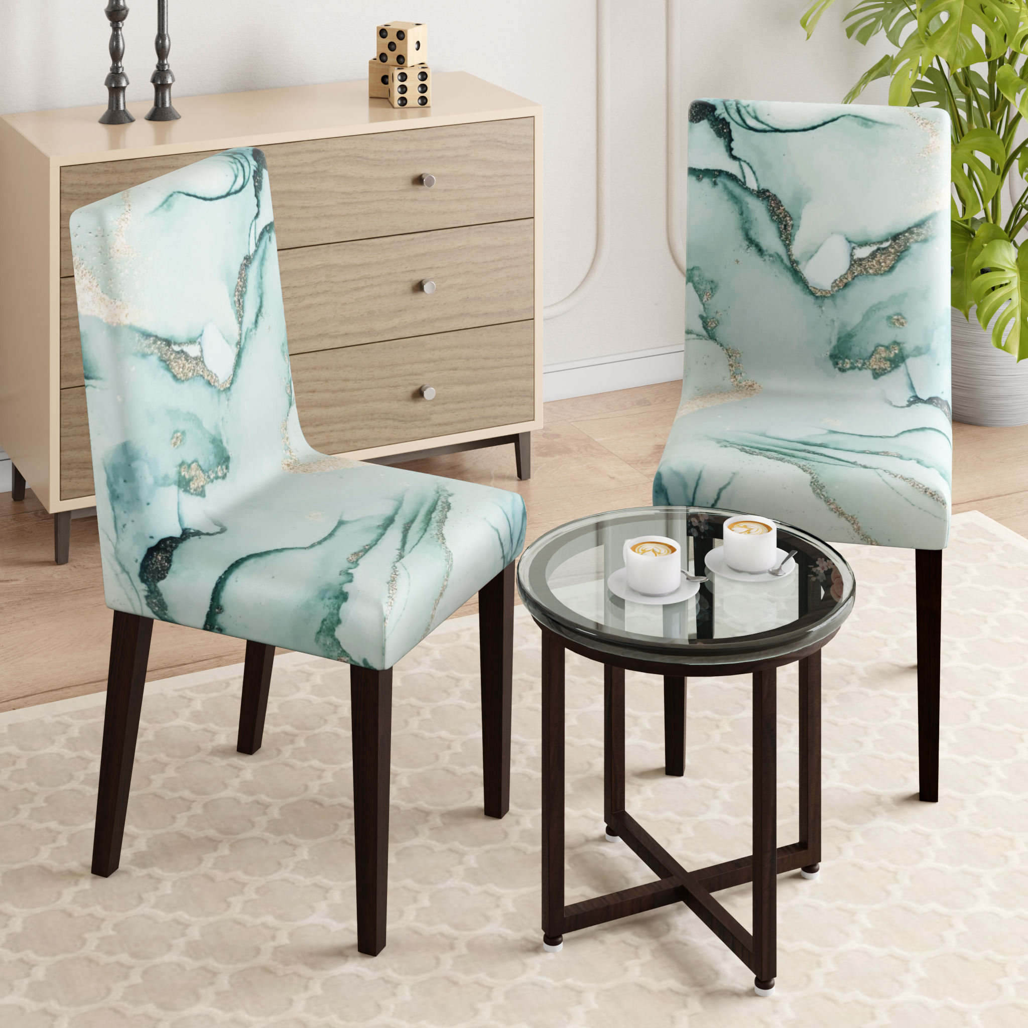 Printed Chair Cover | Elastic Stretchable Dining table Chair Cover 2 seater | Removable & Washable Slip Cover | Chair Seat Protector | Marbelo | Set of 2