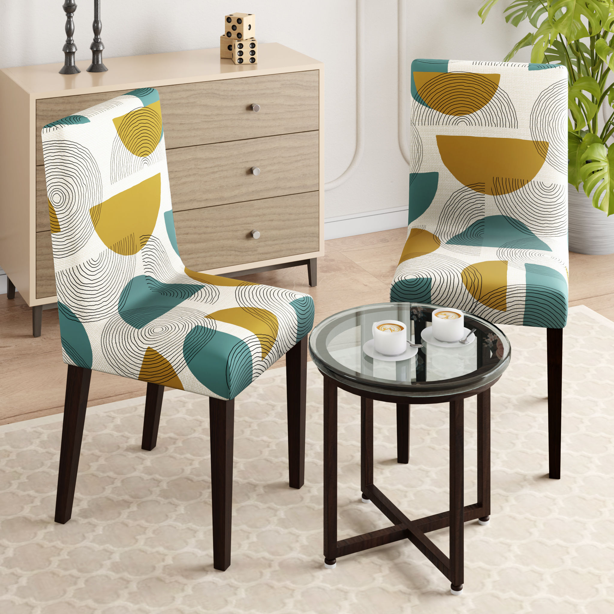 Printed Chair Cover | Elastic Stretchable Dining table Chair Cover 2 seater | Removable & Washable Slip Cover | Chair Seat Protector | Pinaki | Set of 2