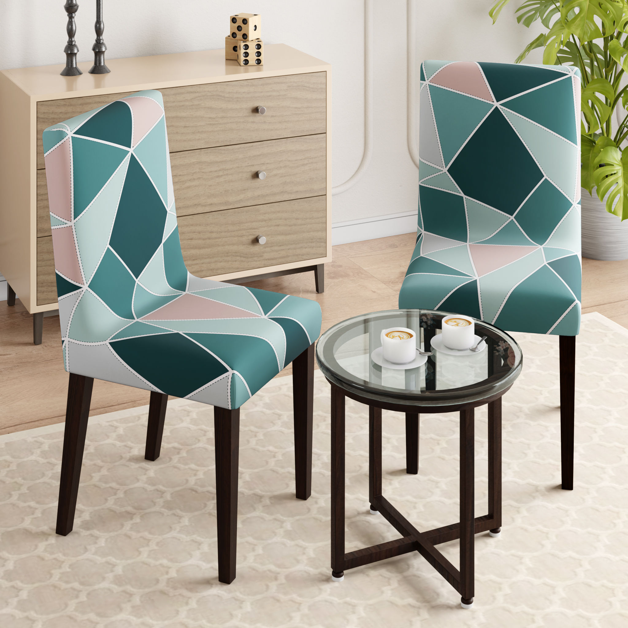 Printed Chair Cover | Elastic Stretchable Dining table Chair Cover 2 seater | Removable & Washable Slip Cover | Chair Seat Protector | Vasco | Set of 2