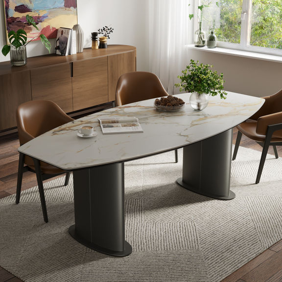 Crosne Dining Table - Golden Statuario - 6 Seater I Marble Finish I Vitrified Tile Top I Golden Statuario