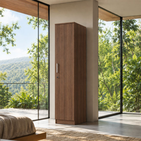 Hunor 1 Door Wardrobe with shelves | Without Mirror | (Columbia walnut)