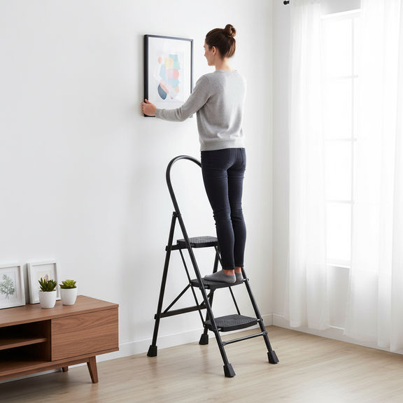 Premium 3 Step Foldable Ladder | Anti-Skid Steps | Alloy Steel | For Home and Industrial Use | Black | Ascenta
