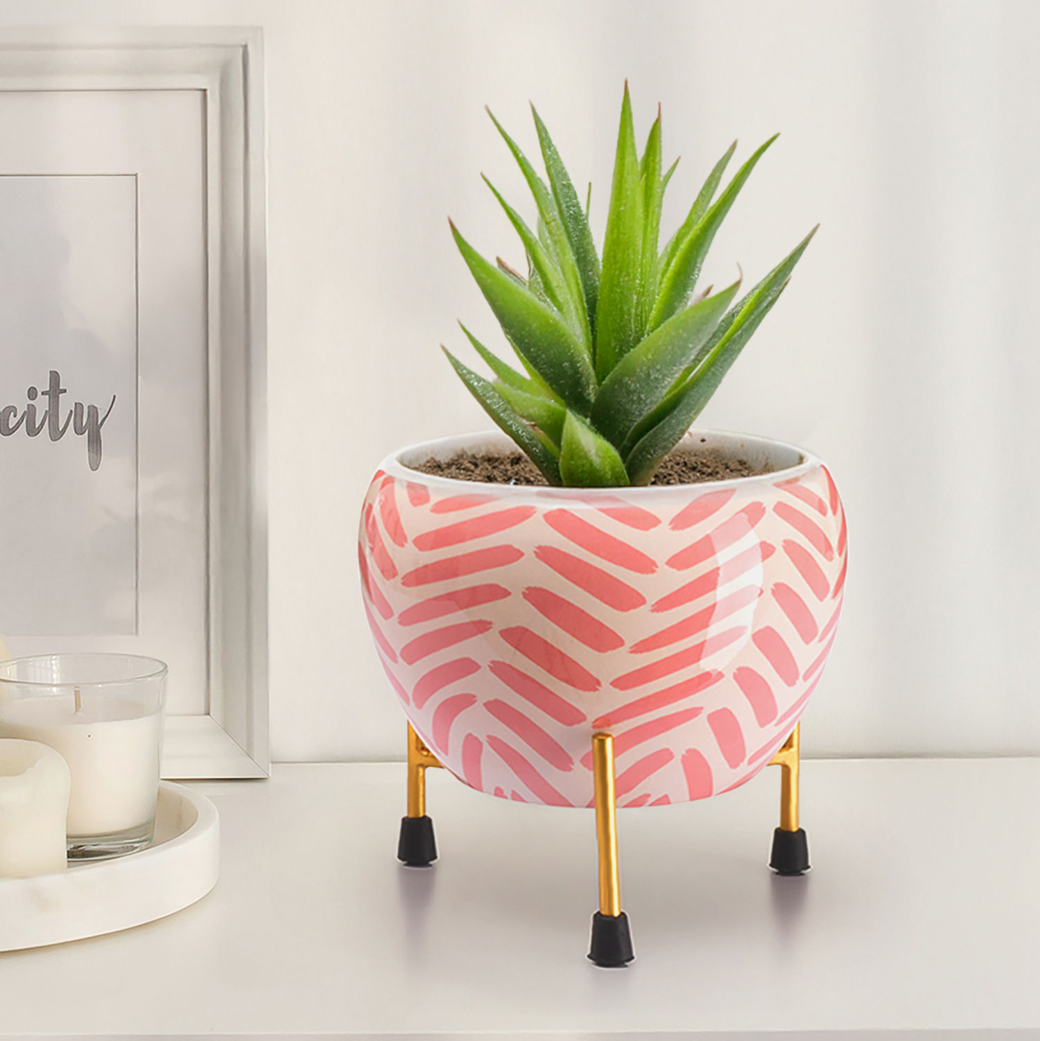 Designer Metal Garden Pot | Indoor & Outdoor Planter with Stand | Peachy Pink | Arbor