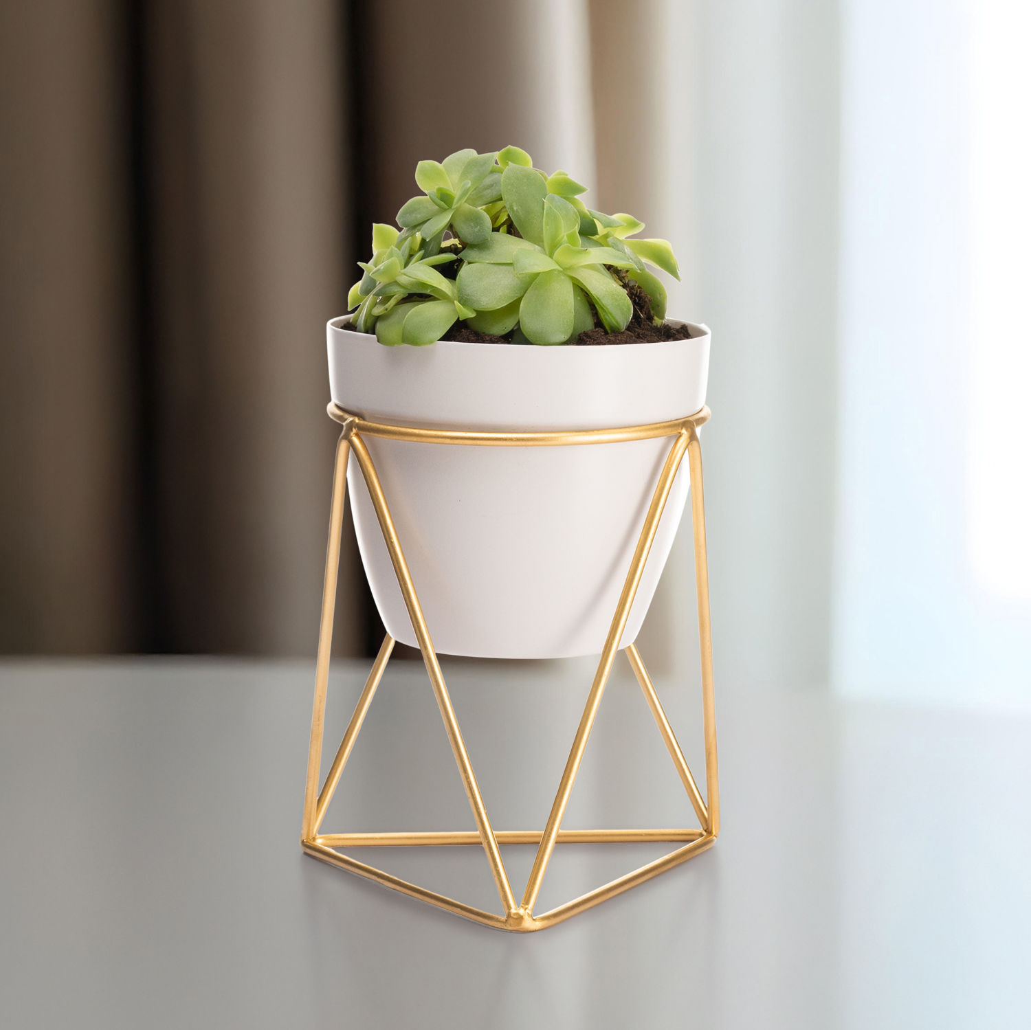 Table Top Metal Flower Pot | Indoor Planter With Stand | Pearl White | Claymore
